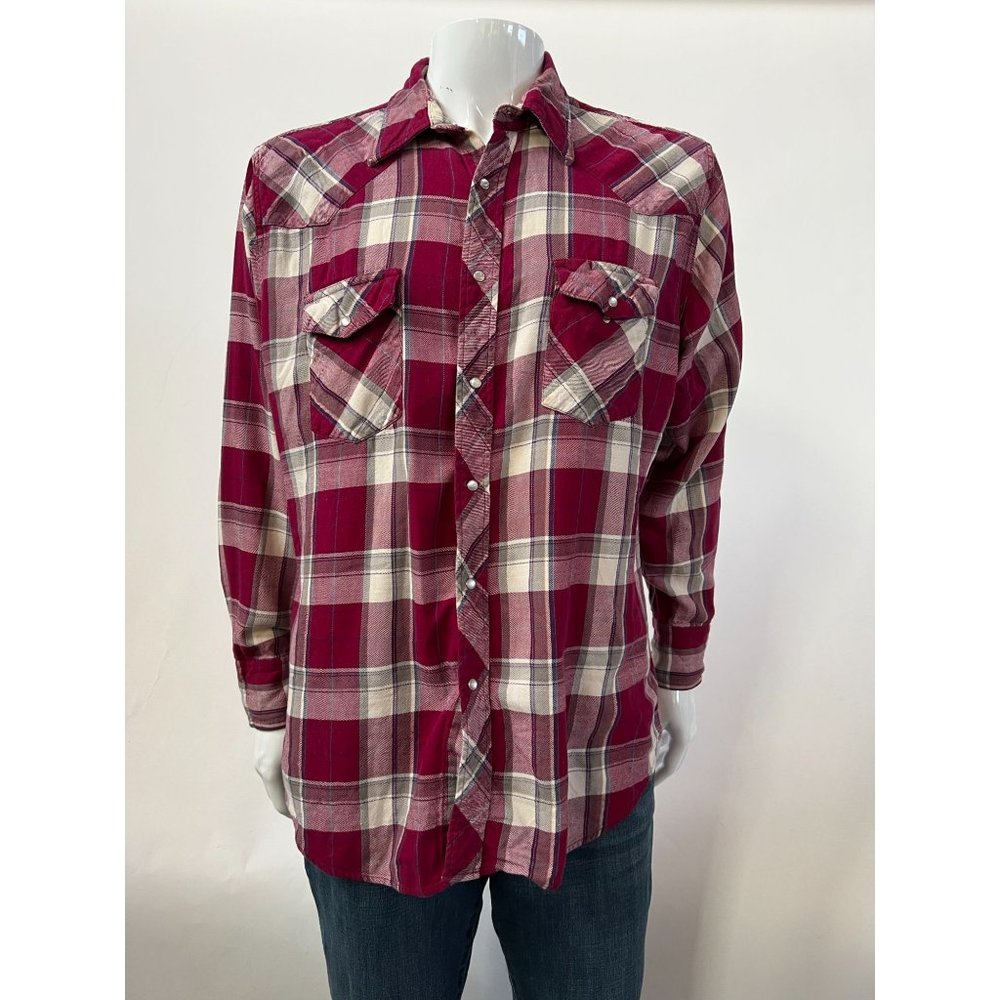 Wrangler Pearl Snap Xtra Long Tails   size XL Red  Plaid Flannel